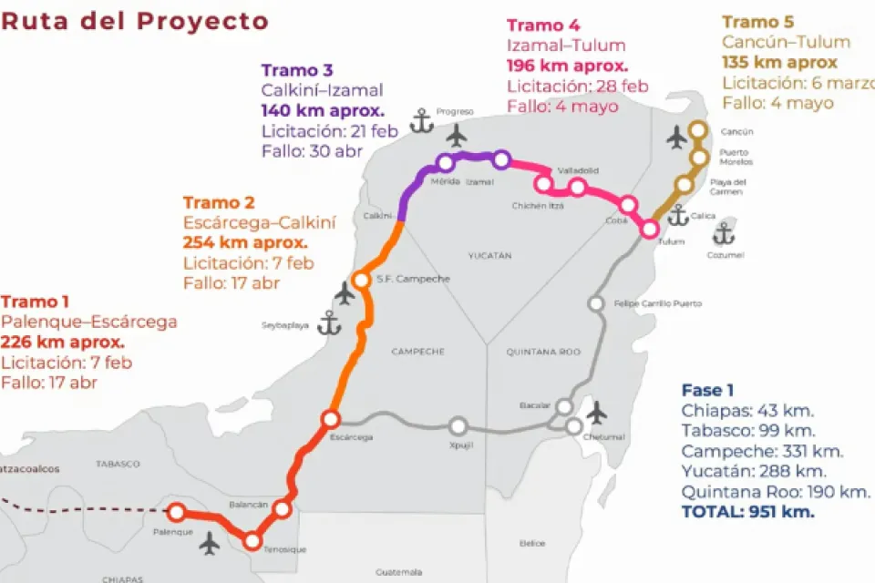A map of the under-construction Tren Maya that passes through several locations on Mexico's Yucatan Peninsula.